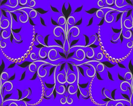 Violet floral 3d seamless pattern. Vector vintage background. Hand drawn blac Stock Illustration