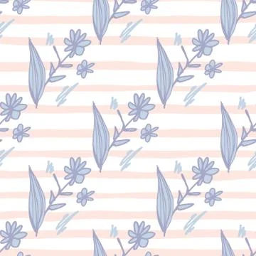 Violet flowers bouquet seamless pattern on pink stripe background. Floral end 스톡 일러스트