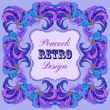 Violet frame with painted peacock feathers and retro label Stock Illustration
