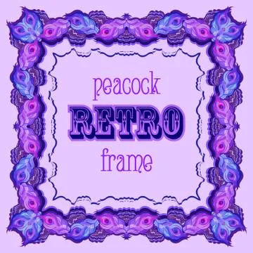 Violet frame with painted peacock feathers and retro label Ilustración de archivo