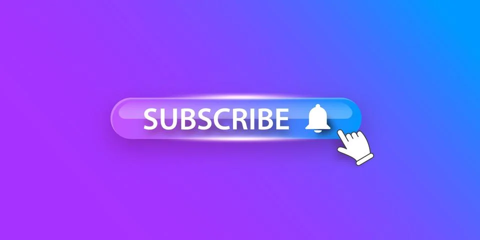 Violet glass subscribe button with ring bell isolated on stylish violet Illustrazione stock