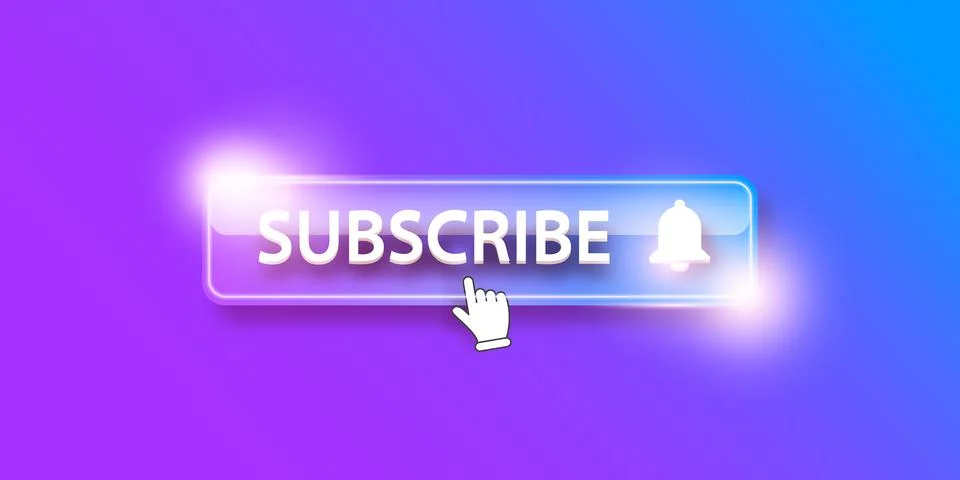 Violet glass subscribe button with ring bell isolated on stylish violet Illustrazione stock