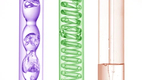 Violet green beige liquids bubble in bulb condenser white bg Stock Footage 342562029