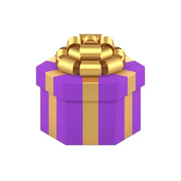 Violet hexagonal wrapped gift box with luxury golden bow ribbon 3d icon reali Illustrazione stock