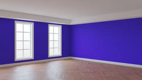 Violet Interior with a White Ceiling and Cornice, Glossy Herringbone Parquet Stock Illustration