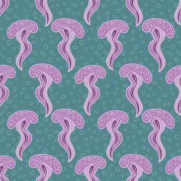 Violet jellyfish seamless vector pattern on teal Stock Illustration