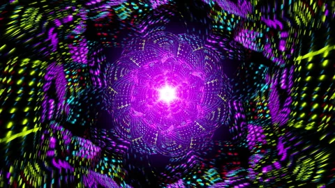 Violet kaleidoscope vortex VJ loop with glowing cyan petals and pulsing center Stock Footage 335035632
