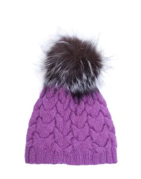 Violet knitted woolen hat with pompom isolated on white background. Stock Photos