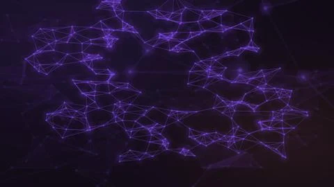 Violet lines and luminous nodes form an expansive angular network over a de.. Stock Illustration