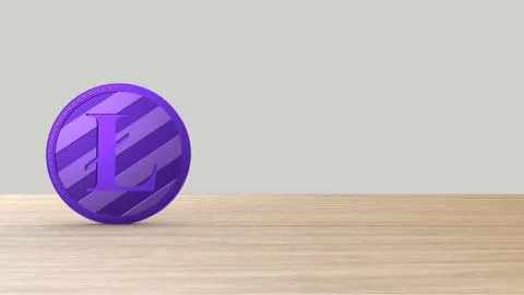Violet litecoin gold coin Isolated on wood wooden table. 3d render isolated i Stock Illustration