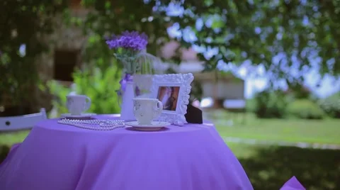 Violet little table in the yard tea drinking.mp4 Stock Footage 56049769