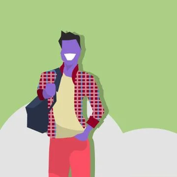 Violet man holding backpack standing pose male cartoon character portrait flat Stockillustratie