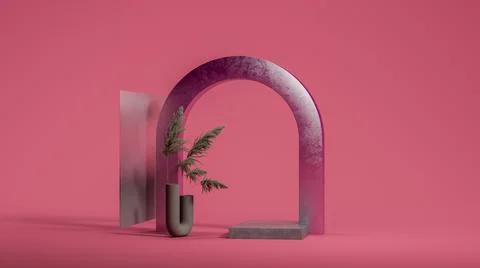 Violet metallic arc with brown square podium display, pampas grass in geometric Stock Illustration