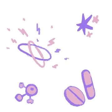 Violet molecule and pills on white isolated backdrop for social banner. Stock Illustration