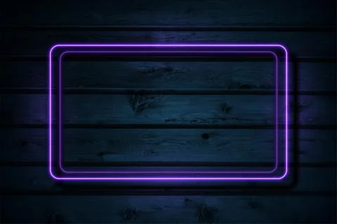 Violet neon luminous rectangle frame on dark blue wooden abstract background Stock Illustration
