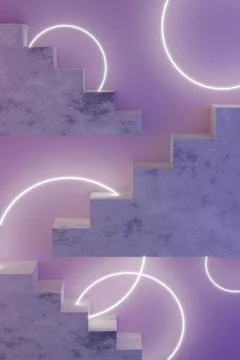 Violet neon modern design template with stairs 3d render and glowing circles Stock Illustration