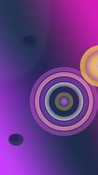 A violet neon ring system and floating spheres glow softly on a deep purple.. Stock Illustration
