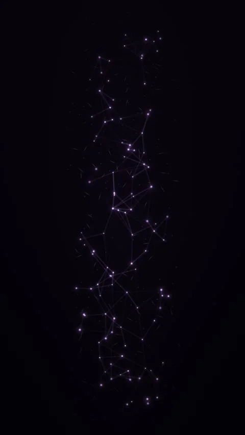 Violet nodes interconnect, forming digital patterns on black Video stock 329899825