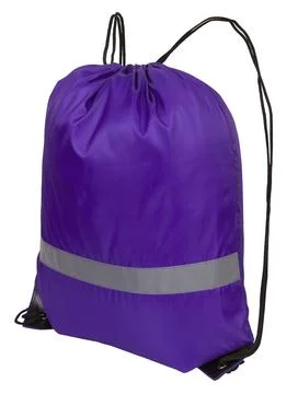 Violet nylon drawstring bag with reflective tape, isolated over white Stock Photos