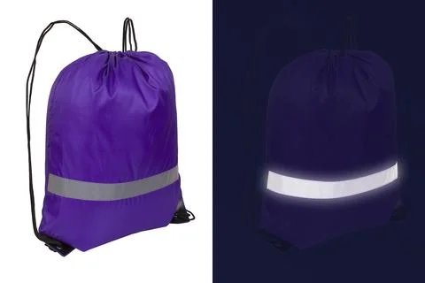 Violet nylon drawstring bag with reflective tape Stock Photos