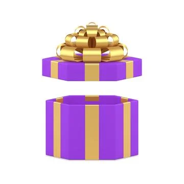 Violet open hexagonal gift box luxury golden bow ribbon festive surprise 3d.. Illustrazione stock