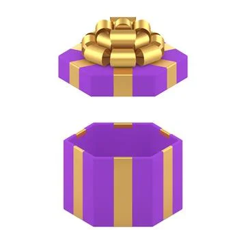 Violet open hexagonal gift box with premium bow ribbon festive package 3d ico Stock Illustration