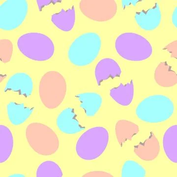 Violet, orange, cyan Easter eggs whole and chopped in half on a yellow backgr 스톡 일러스트