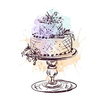 Violet, orange wedding cake on a white background, hand-drawn sketch. Stock Illustration