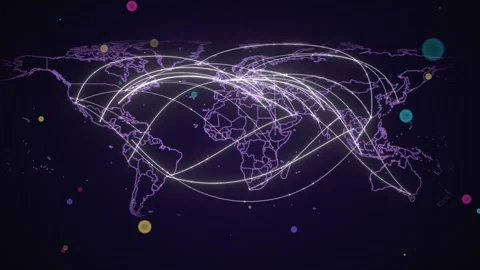 Violet Outline World Map With Fiber Optic Backbone And Fast Light Pulses Stockbeeldmateriaal 343109666