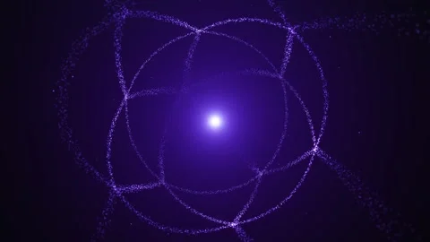 Violet particle orbits circle a radiant quantum core on a dark futuristic f.. Stock Footage 337346881