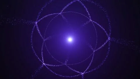 Violet particle orbits surround a radiant quantum core on a dark field, rep.. イラスト素材