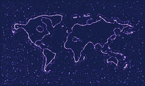 Violet Particle World Map on Deep Blue Vector Background Stock Illustration
