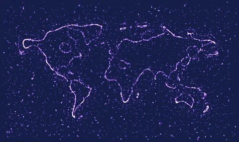 Violet Particle World Map on Deep Blue Vector Background Stock Illustration