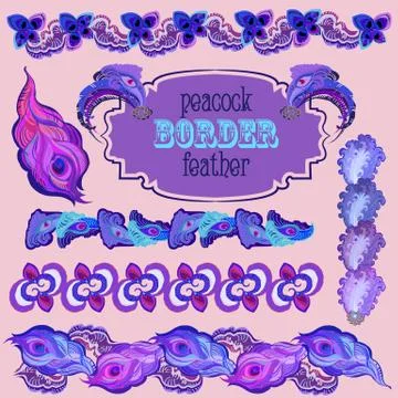 Violet peacock feathers border elements set. 스톡 일러스트