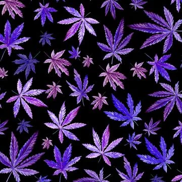 Violet, purple cannabis pattern on black background. Hand drawn watercolor Stock-Illustration