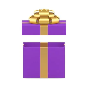 Violet rectangle open gift box with premium golden bow ribbon 3d icon reali.. Stock Illustration