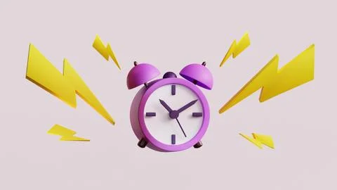 Violet retro alarming clock on white background. Concept design, 3d render .. Stock Illustration