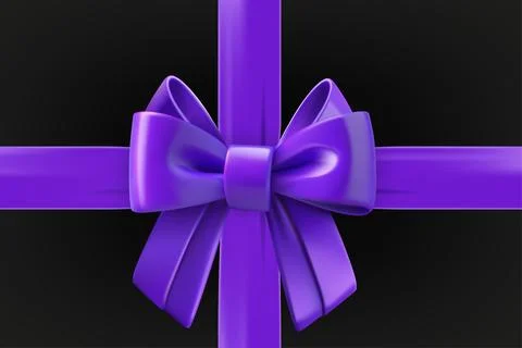 Violet ribbon with a bow on black box. 3d vector illustration Stock Illustration