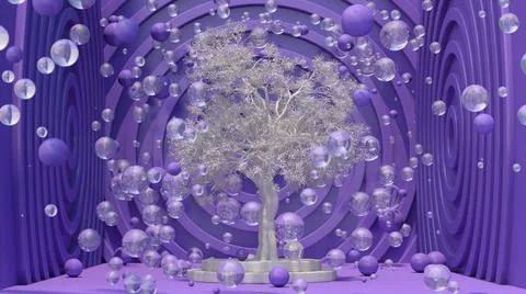 Violet room and white tree. Glass balls flying. 3d render. Stock Illustration