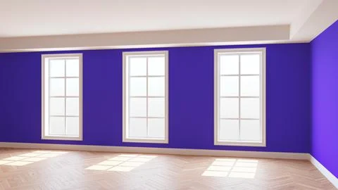 Violet Room with Three Large Windows, Light Glossy Herringbone Parquet Stock Illustration