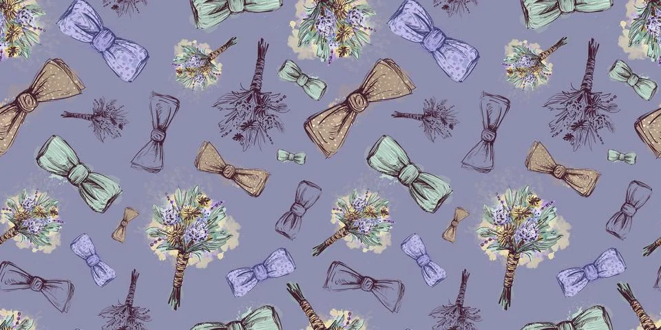 Violet seamless pattern with bow tie boutonniere. Watercolor pattern for a 스톡 일러스트