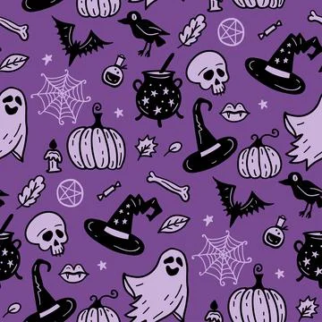 Violet seamless vector pattern, magic hand drawn doodle hat, pumpkin, ghost Illustrazione stock