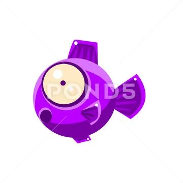 Violet Shocked Fantastic Aquarium Tropical Fish Cartoon Character Stock Illustration