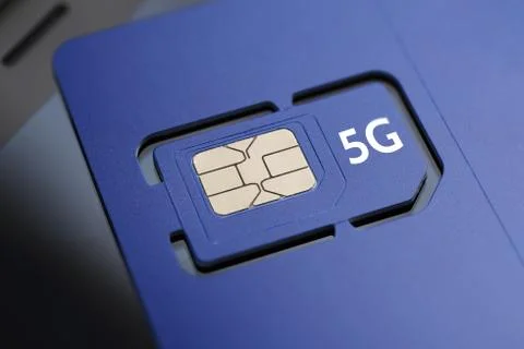 Violet SIM card pre-cuted mini, micro, nano sizes and 5G text. Stock Photos