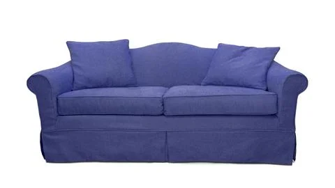 Violet sofa with pillows isolated on white background. Violet textile couch.. Stock-Fotos