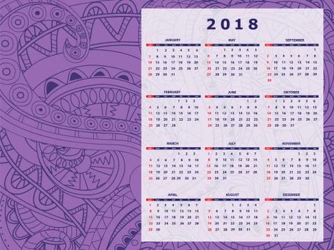 Violet tangle zen pattern calendar year 2018 Stock Illustration