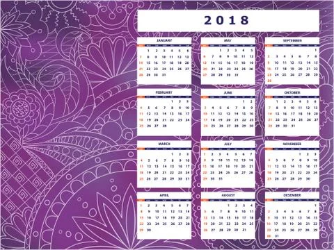 Violet tangle zen pattern calendar year 2018 Stock Illustration