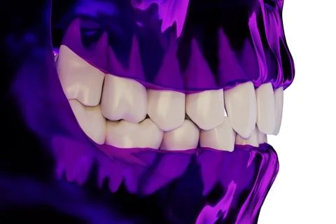 Violet transparent human jaw with a teeth, side view, 3d render Stock Illustration