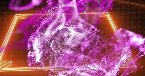 Violet-white ribbons twisting into view above square, morphing into cloud Stock Footage 329365417