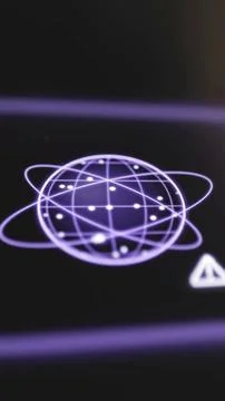 Violet wireframe globe is wrapped in multiple orbit lines and paired Stock Photos